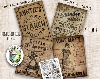 Primitive Laundry Labels, Digital Download, Country Vintage Home Ephemera Clip Art to Print