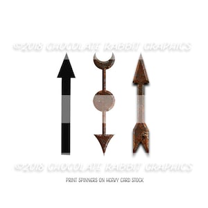 May include: Three metal spinners with arrow designs. The spinners are rusty brown and grey. The text "PRINT SPINNERS ON HEAVY CARD STOCK" is at the bottom of the image.