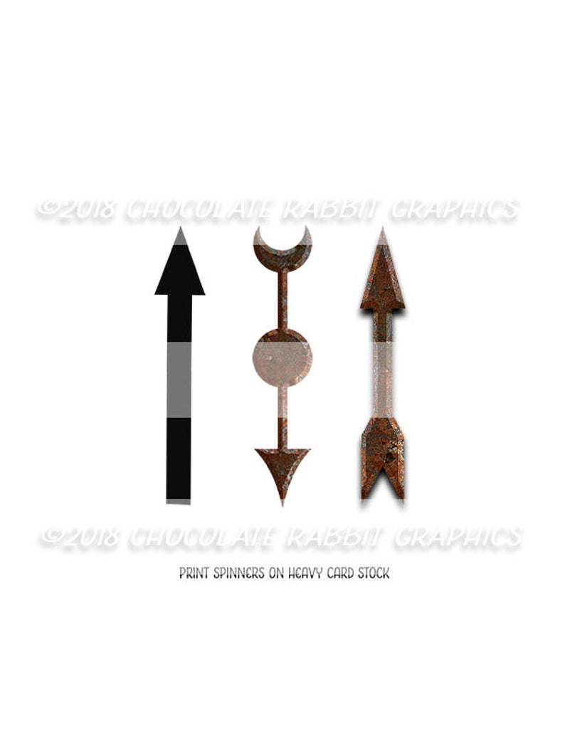 May include: Three metal spinners with arrow designs. The spinners are rusty brown and grey. The text "PRINT SPINNERS ON HEAVY CARD STOCK" is at the bottom of the image.