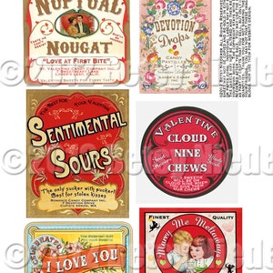 Vintage Victorian Retro Valentine Candy Label Digital Download Printable Image Collage Scrapbook Tag Sheet image 1