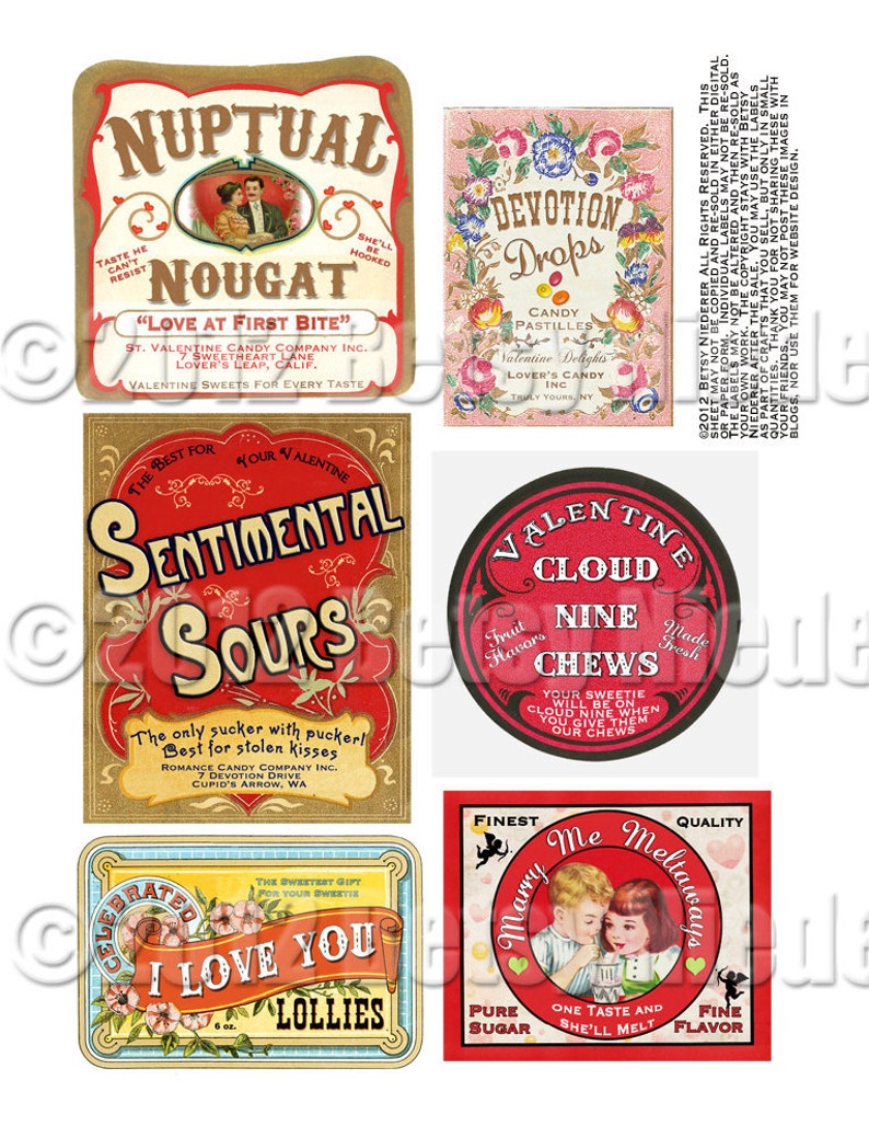 Vintage Victorian Retro Valentine Candy Label Digital Download Printable Image Collage Scrapbook Tag Sheet image 1