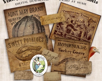 Primitive Thanksgiving Labels, Holiday Pantry Prints, Vintage Style Images
