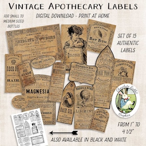 Vintage Apothecary Label Sheet, Digital Antique Pharmacy Label Reproductions, Printable Junk Journal Ephemera