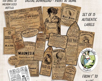 May include: A set of 15 vintage apothecary labels, printed on aged paper, with text such as "Seidlitz Powders", "Bay Rum", "Compound Cough Mixture", "Camphor Ice", "Hair Tonic", "Nerve & Bone Liniment", and "Hair Oil". The labels are in various shapes and sizes, with a brown and white color scheme. The text "Set of 15 Authentic Labels" is in the top right corner. The text "From 1" to 4 1/2" is in the bottom right corner. The text "Also Available in Black and White" is in the bottom center.