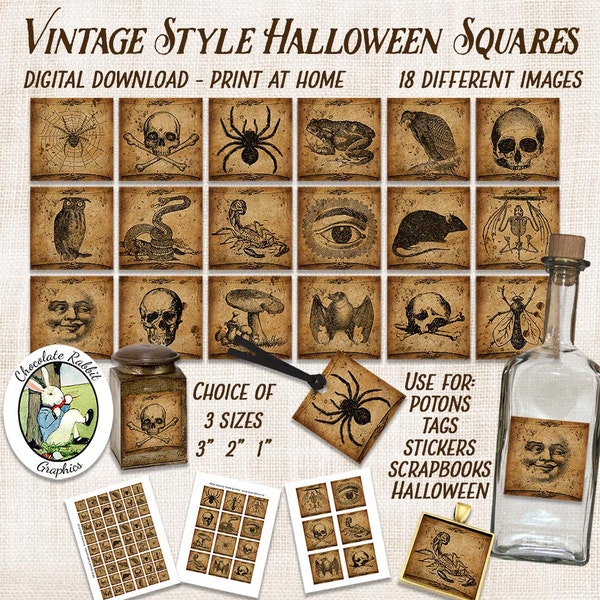 Digital Halloween Potion Label Printable Download Squares Vintage Style Clip Art 1 2 3 Inch Collage Sheet Scrapbook Tag Jewelry Inchies