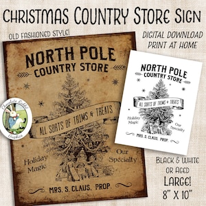 Christmas Country Store Sign, Digital Primitive Tree, Vintage Prim Style Printable