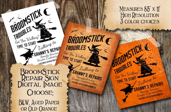 Halloween Witch Vintage Sign Broom Repair