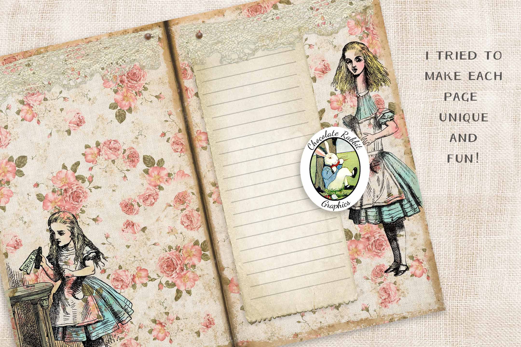 DIY Journal Alice in Wonderland Journal Digital Journal Kit Printable  Journal Pages Mixed Media Art Junk Journal Kit Smash Book 