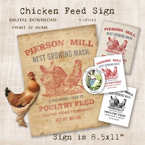 Signo de saco de alimentación de pollo, descarga digital, estilo vintage country imprimible, clip art antiguo