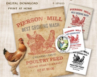 Chicken Feed Sack Sign, Digital Download, Country Vintage Style Printable, Antique Clip Art