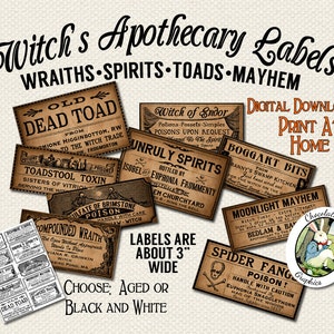 Apothecary Labels Halloween Witch Magic Printable Digital Download Clip Art DIY Clipart Scrapbook Vintage Style Image Collage Sheet