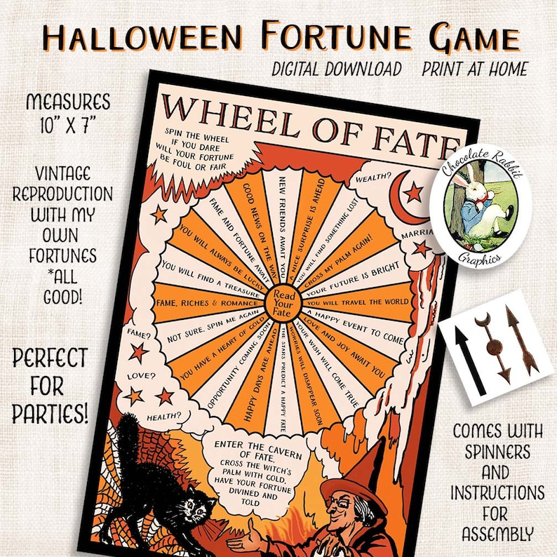 May include: A vintage-style Halloween fortune game featuring a wheel of fate, a witch, a black cat, and a rabbit. The wheel has fortune predictions such as "You will find a treasure" and "A happy event to come". The game includes spinners and instructions for assembly. The game measures 10 inches by 7 inches.