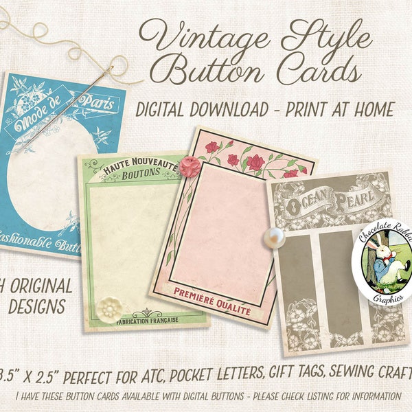 Vintage Style Button Cards, Sewing Clip Art, Printable Gift Tags, Pocket Letter Gifts, Instant Digital Download, Sewing Notions