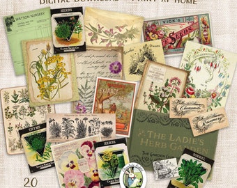 Vintage Garden Herbal Ephemera, Set of 20, Herb Junk Journal, Herbs and Flowers, Printable Floral Scrapbook