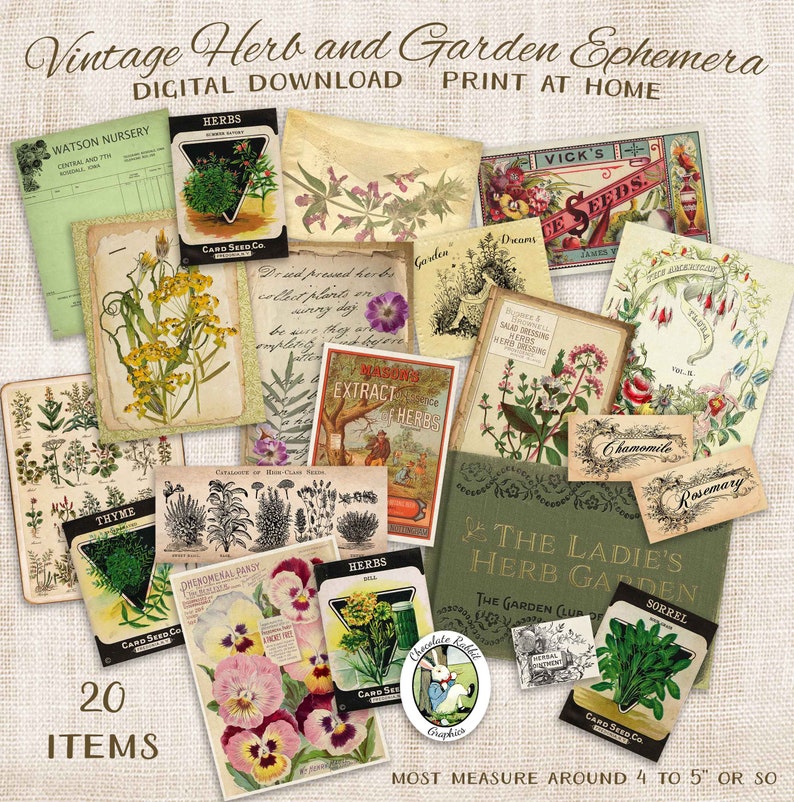 Printable Floral Scrapbook Set of 20 Herb Junk Journal Herbs and Flowers Vintage Garden Herbal Ephemera