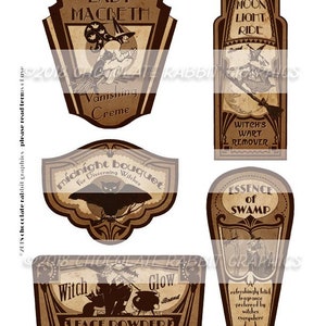 May include: Six vintage-style labels with brown and white text and illustrations. The labels feature names like "Lady Macbeth", "Moon Light Ride", "Witch's Wart Remover", "Midnight Bouquet", "Essence of Swamp", and "Witch Glow Face Powder".