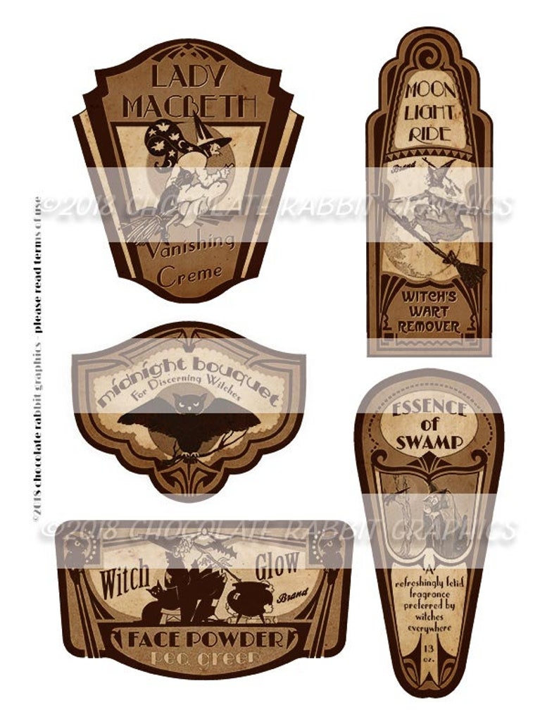 May include: Six vintage-style labels with brown and white text and illustrations. The labels feature names like "Lady Macbeth", "Moon Light Ride", "Witch's Wart Remover", "Midnight Bouquet", "Essence of Swamp", and "Witch Glow Face Powder".