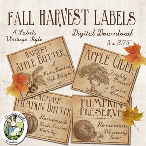 Fall Harvest Labels, Digital Thanksgiving Cards, Primitive Style Printable Ephemera