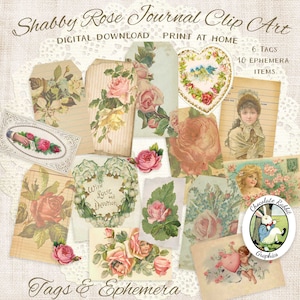Shabby Rose Ephemera: Victorian Valentine Tags, Junk Journal Clipart (Digital Download)