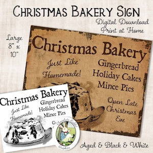 Christmas Bakery Sign, 8&quot; x 10&quot; Primitive Christmas Image Transfer, Digital Holiday Decor, Kitchen Art, Digital Scrapbook Download
