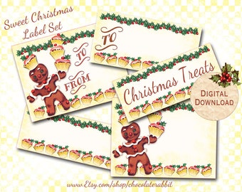 Retro Christmas Gingerbread Man Tags Digital Download 5 Sets of Printable Labels DIY Scrapbooking Clip Art Collage Sheet