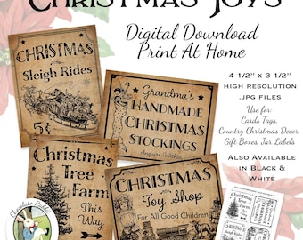 Country Christmas Printables, Digital Holiday Signs, Vintage Style Labels