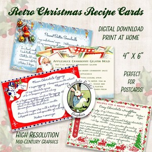 Fiches de recettes de Noël rétro, Fiches imprimables, cartes postales de Noël numérique, cartes de Noël, Noël des cliparts, vacances Tags