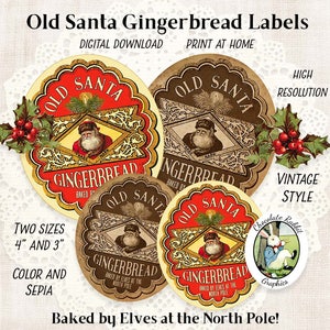 Vintage Christmas Gingerbread Label, Printable Cookie Labels, Digital Christmas Gift Tags, Image Transfer, Christmas Clipart