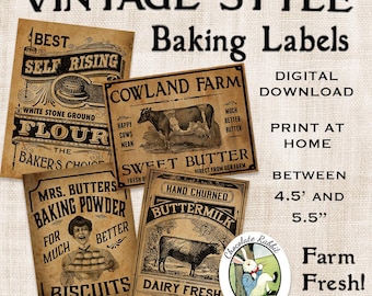 Vintage Kitchen Baking Labels, Prim Primitive Digital Download, Printable Vintage Style Tags