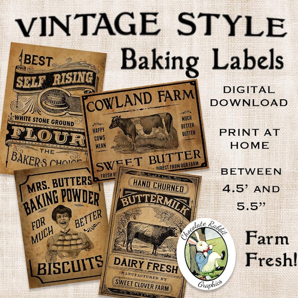 Vintage Kitchen Baking Labels, Prim Primitive Digital Download, Printable Vintage Style Tags