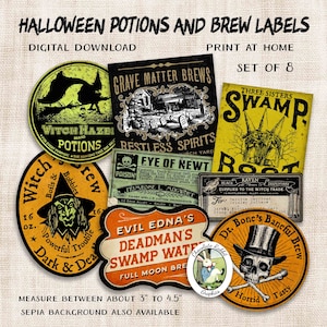Rótulos de garrafas de poções e cervejas de Halloween, download digital do Witch Junk Journal, clipart de livro de feitiços vintage