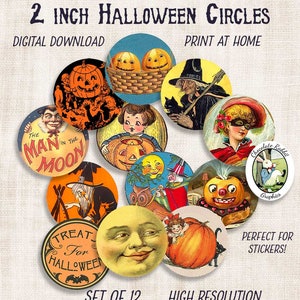 2 Inch Vintage Halloween Circles, Instant Digital Download, Collage Sheet, Circle Tags
