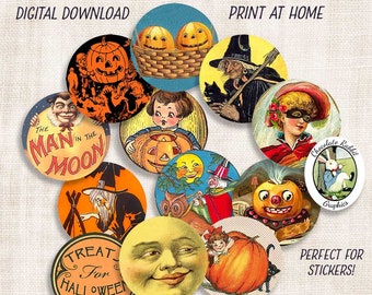 2 Inch Vintage Halloween Circles, Instant Digital Download, Collage Sheet, Circle Tags