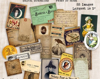 May include: A digital download set of 22 printable collage sheets featuring spooky and vintage Halloween themed images. The images include a witch's ball ticket, a potion bottle label, a vampire repellent label, a recipe card, a cauldron, a crow, a pumpkin, a hand of fate, a witch, a goblin, and more. The largest image is 5 inches.