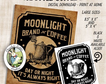 Coffee Label Vintage Tag Moonlight Moon Primitive Prim Country Pantry Digital Download Printable DIY Tags Scrapbook Graphics Sheet Clip Art