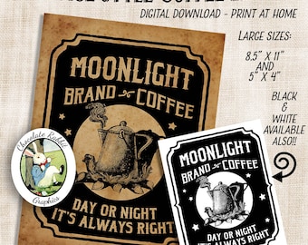 Coffee Label Vintage Tag Moonlight Moon Primitive Prim Country Pantry Digital Download Printable DIY Tags Scrapbook Graphics Sheet Clip Art