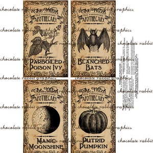 Halloween Witch Aged Apothecary Potion Labels Digital Download Bottle Jar Tags Vintage Style Image Clip Art Printable Collage Sheet image 3