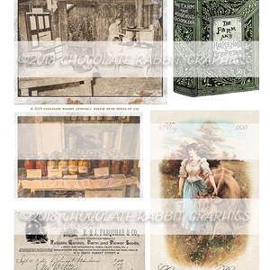May include: A vintage collage of images including a black and white photo of a woman in a kitchen, a green book titled "The Farm and Household Encyclopedia", a photo of jars of preserved food on a shelf, a vintage advertisement for garden seeds, and a vintage illustration of a woman with a cow in a field with the text "Country Pleasures".