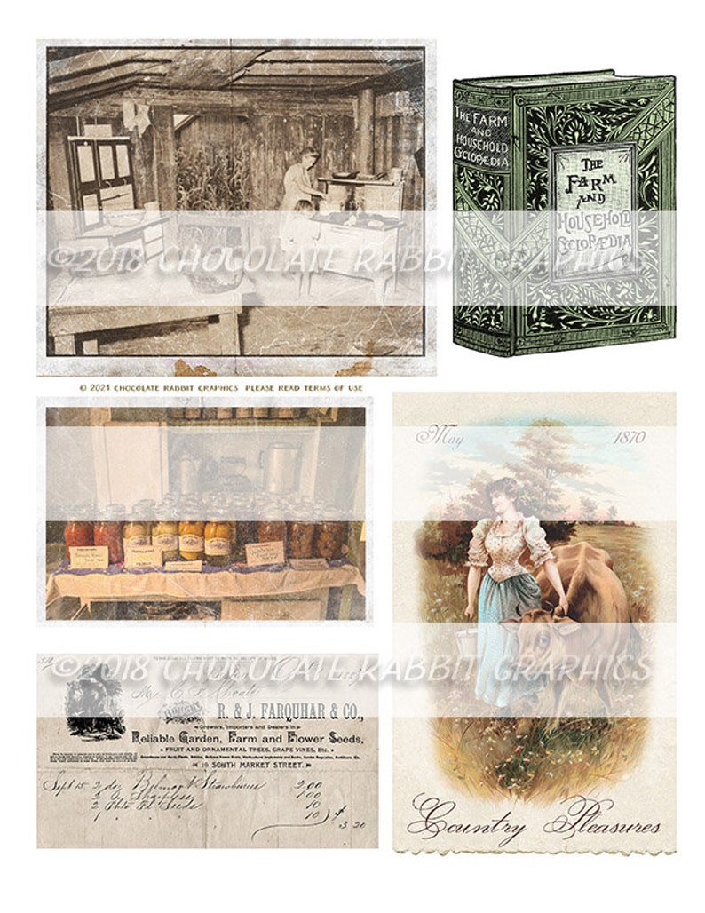 May include: A vintage collage of images including a black and white photo of a woman in a kitchen, a green book titled "The Farm and Household Encyclopedia", a photo of jars of preserved food on a shelf, a vintage advertisement for garden seeds, and a vintage illustration of a woman with a cow in a field with the text "Country Pleasures".