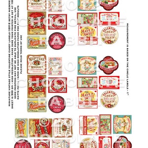 May include: A sheet of printable vintage Valentine's Day candy labels. The labels feature various designs with red, white, and gold accents. The labels include text such as "Nuptual Nougat", "Sentimental Sours", "Sweet Heart Sugar Candy", "Have a Sweet Valentine Treats", and "Valentine Candy Tiny Hearts Treats".