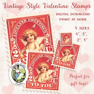Vintage Cupid Digital Love Stamps, Printable Hearts, Digital Valentine Clipart