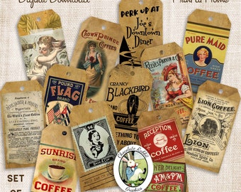 Vintage Coffee Tags, Junk Journal Ephemera, Scrapbook Clip Art