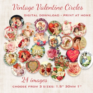 Vintage Valentine Circles Victorian Digital Download Printable Bottle Cap Jewelry Stickers Scrapbook Clip Art Cards Image Collage Sheet