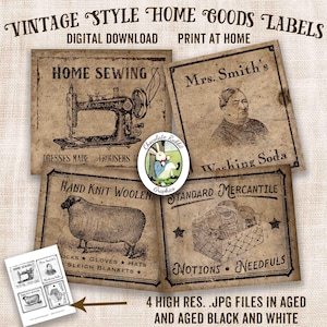 Primitive Home Goods Labels, Prim Vintage Digital Download, Printable Sewing, Wool, Notions