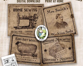 Primitive Home Goods Labels, Prim Vintage Digital Download, Printable Sewing, Wool, Notions