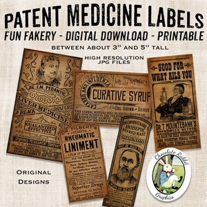 Etiquetas de botella de boticario de medicina Quack, estilo vintage primitivo de país digital, Ephemera de diario imprimible
