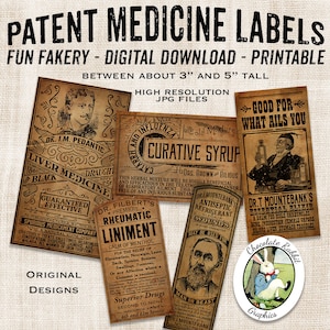 Etichette per bottiglie da farmacista di medicina quack, stile vintage primitivo country digitale, stampabile Journal Ephemera