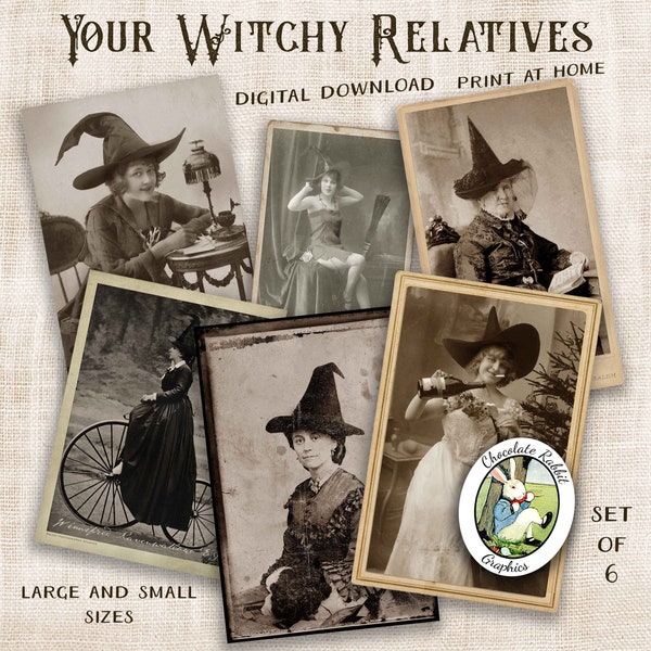 Vintage Witch Halloween Images, Digital Download Decorations, Printable Junk Journal Ephemera, Scrapbook Clip Art, Witchcore