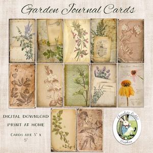 Cartões de diário de jardim, coisas efêmeras de ervas estilo vintage digital, download de álbum de recortes para impressão