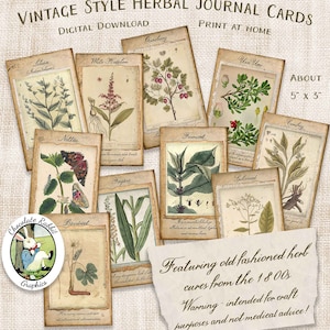 Cartões de diário de ervas para jardim vintage, download digital, ervas e flores, álbum de recortes floral para impressão, diário efêmero